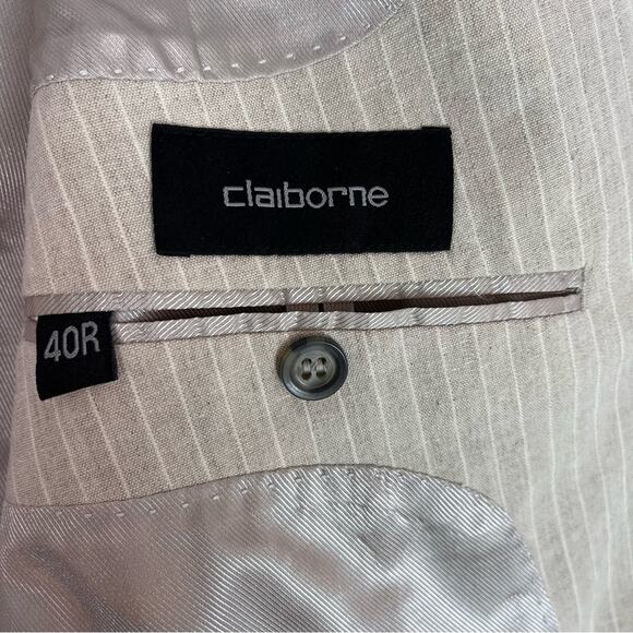 Linen Blend Blazer Mens 40R Pinstripe Beige White Woven in Italy Claiborne - Picture 8 of 13